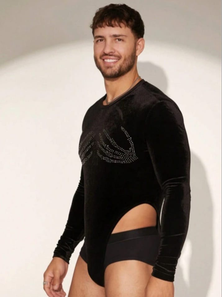 Men's crew neck long sleeve Rhinestone Decor Bodysuit
